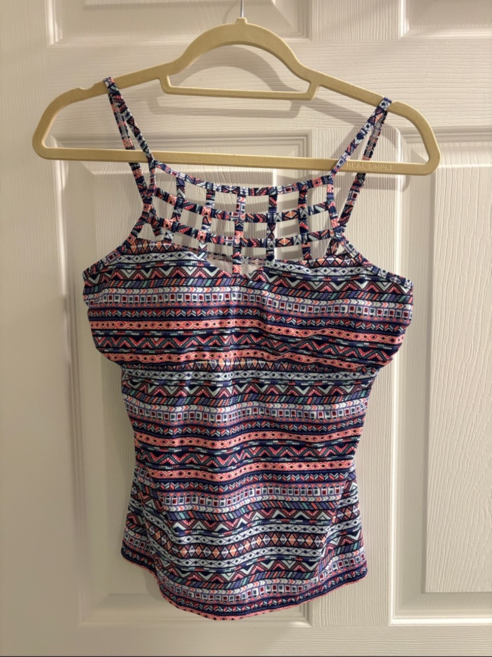 SO Pink Navy White Geometric Tankini Top with Lattice Trim